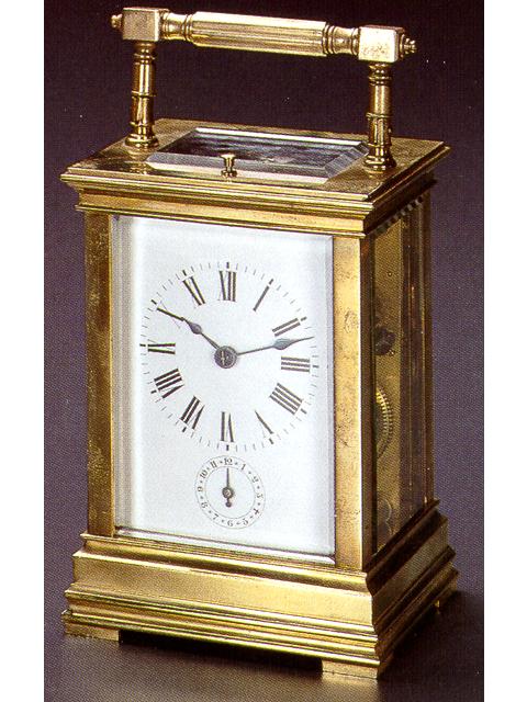 Fine gilt bronze, eight day going, Petite Sonnerie, quarter repeating carriage clock with alarm, in original fitted travelling box. French, No. 684, circa 1890. — Antique Clocks Price Guide