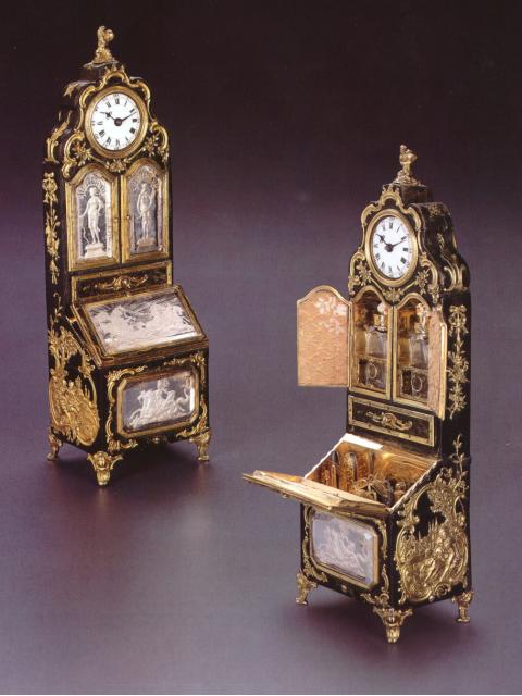 Very fine and unusual 20K gold, enamel and under-engraved glass, morocco covered necessaire cabinet designed as a miniature secretaire with inset watch, in fitted box. J. Weldon, London, circa 1760. — Antique Clocks Price Guide