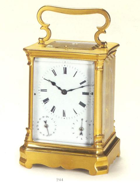 Gilt brass 8 day-going, quadruple-train, grande sonnerie quarter-repeating carriage clock with alarm and date. Unsigned, Wien, circa 1870. — Antique Clocks Price Guide