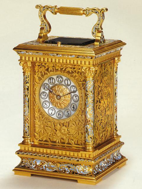 Fine gilt bronze and enamel, eight day-going, half hour-striking carriage clock in original leather fitted box. E. Maurice Co., Paris, made for the Chinese market, circa 1890. — Antique Clocks Price Guide