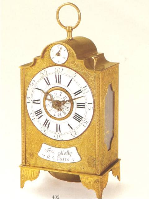 Fine and rare gilt brass eight day-going hour-striking and repeating, alarm traveling clock. Freres Melly a Paris, (German), circa 1770. — Antique Clocks Price Guide