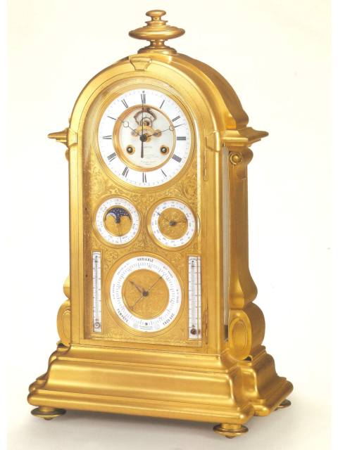 Astronomical pendulum table clock with perpetual calendar, phases of the moon, thermometers in Centigrade and Fahrenheit scales, barometer and special escapement. Le Roy &amp; Fils, circa 1870. — Antique Clocks Price Guide