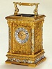 Fine gilt bronze and enamel, eight day-going, half hour-striking carriage clock in original leather fitted box. E. Maurice Co., Paris, made for the Chinese market, circa 1890.