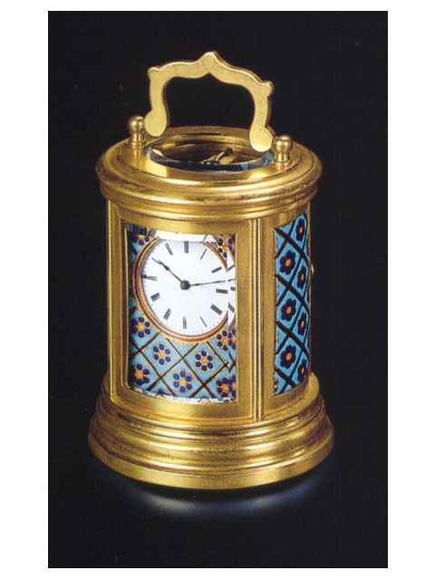 Gilt brass and enamel, oval eight-day going small carriage clock. French, circa 1890. — Antique Clocks Price Guide