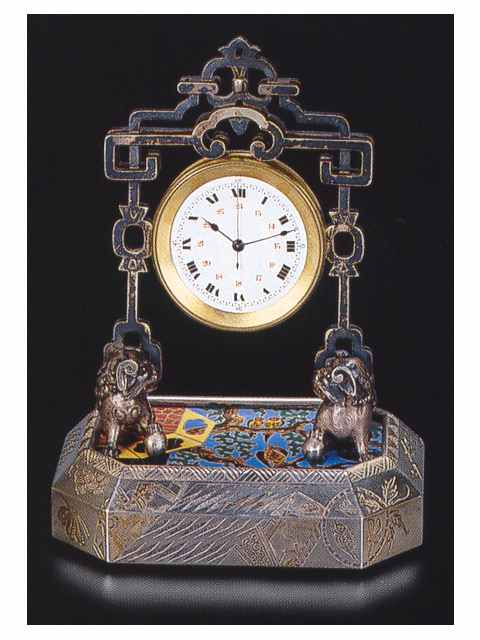 Silver and enamel centre-seconds, portico table timepiece. Juvet, (Fleurier, Val de Travers), Swiss, made for the Chinese Market, circa 1890. — Antique Clocks Price Guide