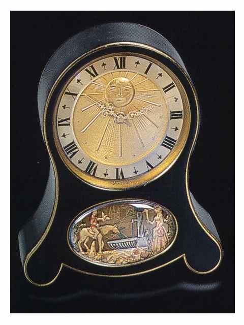 Eight-day going, musical alarm clock with automaton scene. Jaeger, Swiss, made in the 1940's. — Antique Clocks Price Guide