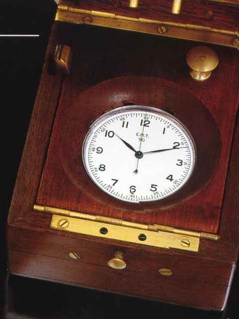 Chromium plated, keyless centre-seconds deck watch in original mahogany deck watch box. E. M.T., Swiss, made in the 1940's. — Antique Clocks Price Guide