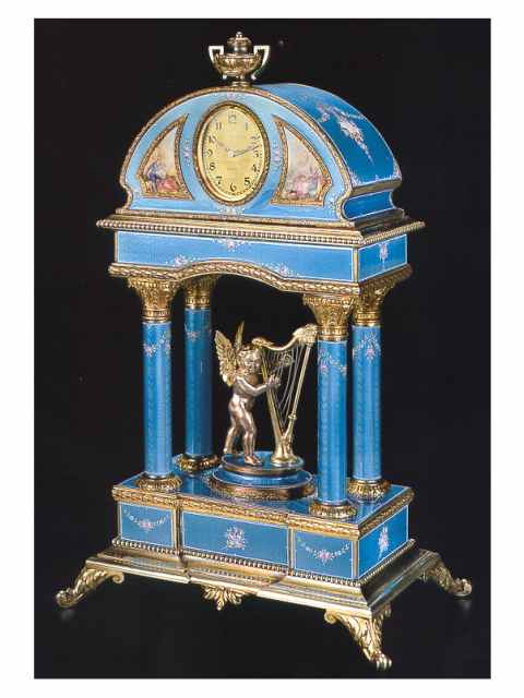 Silver gilt and enamel, eight-day going table timepiece, designed as a temple of love, in original green leather fitted box. Haas Neveux &amp; Cie, Geneve, circa 1910. — Antique Clocks Price Guide