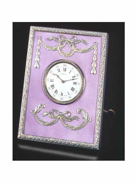 Silver and enamel, pearl-set, eight-day going strut table timepiece. Tiffany &amp; Co., Swiss, circa 1910. — Antique Clocks Price Guide