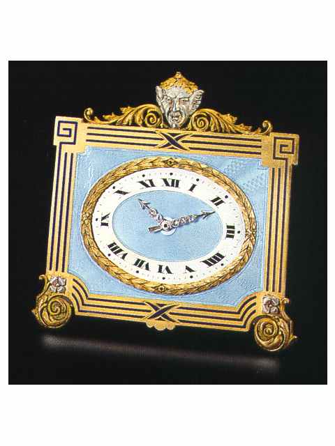 Silver gilt and enamel eight-day going, keyless strut clock in original fitted box. J.T. C., Geneva, circa 1910. — Antique Clocks Price Guide