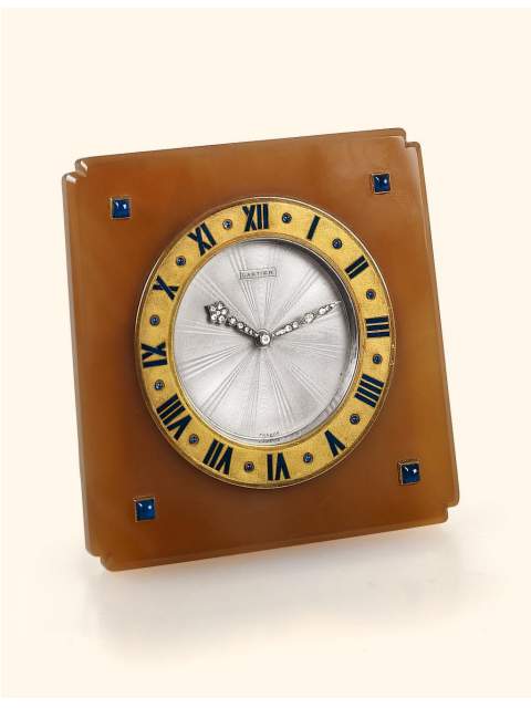 Agate gold and gilt sapphire-set eight day-going double-train hour and half-hour striking desk clock. Cartier, France, circa 1920. — Antique Clocks Price Guide