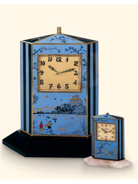 Two very unusual,. Fine and rare, gilt silver, painted on enamel eight day-going Art Deco chinoiserie desk clocks, one with minute-repeating. Cartier, circa 1920. Unsigned, circa 1920. — Antique Clocks Price Guide