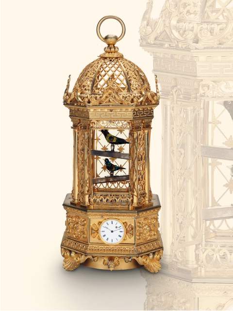 Fine and rare gilt bronze singing bird cage with two birds and watch. Attributed to Charles Abraham Bruguier, Geneva, circa 1840. — Antique Clocks Price Guide