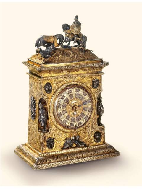 Gilt silver desk clock with date. Probably Austrian or German, circa 1870, movement by John Lampe, London, No. 1038, circa 1730. — Antique Clocks Price Guide