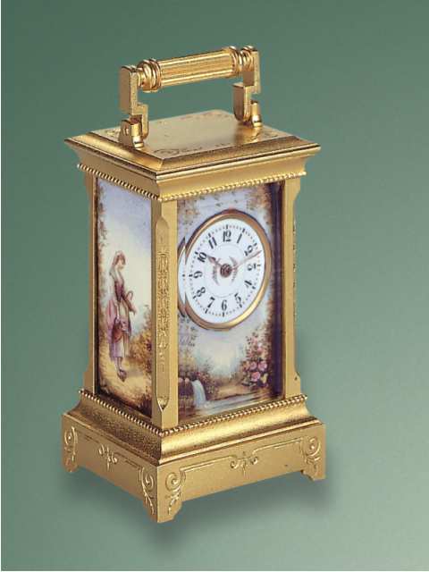 Gilt and painted enamel, eight-day going, miniature carriage clock. France, circa 1880. — Antique Clocks Price Guide