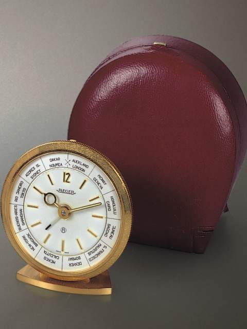 Eight-day going, world time alarm desk clock; Jaeger LeCoultre, Swiss, circa 1955. — Antique Clocks Price Guide