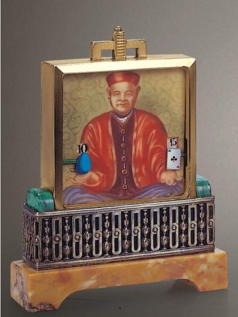 "The Juggler" table timepiece painting with digital indication. Disheim-Goldschmidt Fils &amp; Cie, Swiss, circa 1920. — Antique Clocks Price Guide