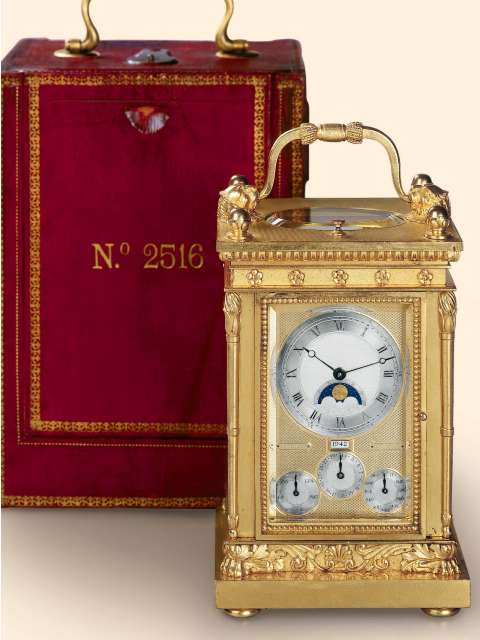 Exceptionally rare and equally fine eight-day going gilt brass astronomical Grande et Petite Sonnerie carriage clock with perpetual calendar, phases of the moon, year indication, alarm and special escapement in original leather fitted box. Breguet, No. 2516, sold to Baron de Blome for 2000 Francs in 1811. — Antique Clocks Price Guide
