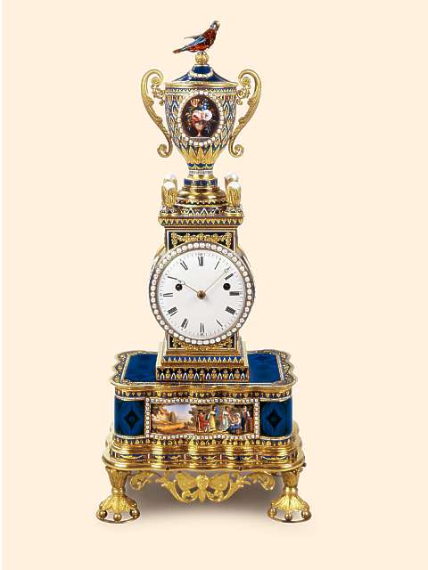 18K gold and enamel, pin-set petite sonnerie striking clock with singing bird rising and singing every hour or on demand. Ilbery, London, movement attributed to Freres Rochat, No. 271, enamel attributed to Jean-Louis Richter, Geneva, circa 1800. — Antique Clocks Price Guide