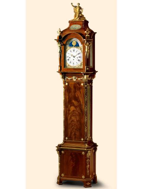 Exceptionally fine, rare and important Louis XVI ormolu-mounted mahogany organ and dulcimer eight day-going, four-tune astronomical musical longcase clock fitted with center seconds, date, phases of the moon and striking hours and half-hours with automatic or on demand tune change. Christian Kintzing a Neuwied, cabinet by David Roentgen, c. 1778 — Antique Clocks Price Guide