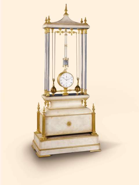 Gilt brass and marble table regulator with escapement a coup perdu, overhanging pendulum and highly unusual power system. Brosse a Bordeaux (France), circa 1840. — Antique Clocks Price Guide