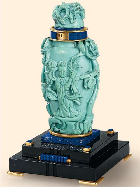 18K gold, silver, azure lacquer, lapis lazuli and black onyx desk clock in shape of an Oriental scent bottle with rotating ring hour display. Vacheron &amp; Constantin, circa 1930. — Antique Clocks Price Guide