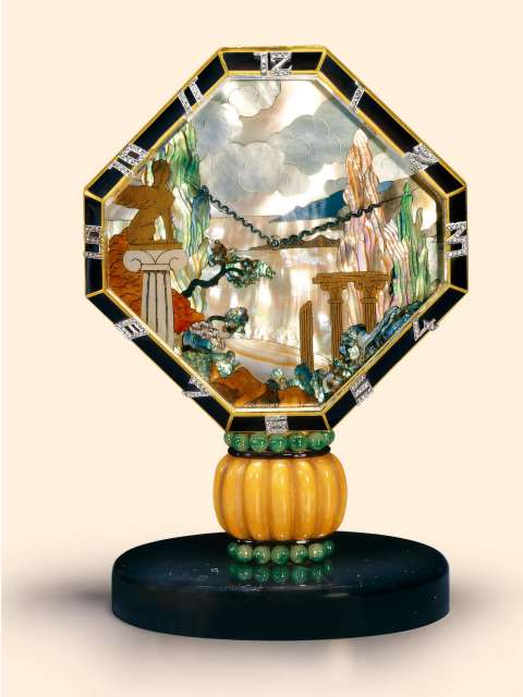 18K gold and enamel, diamond-set, onyz, amber and emeral Art Deco 8 day going clock with mother of pearl dial, in original fitted box. Vacheron &amp; Constantin, c. 1925 — Antique Clocks Price Guide