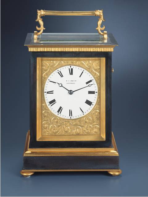 Gilt and large brass 8 day-going double-train carriage clock striking the hours and half hours and repeating the hours. E.I. Dent, London, circa 1845. — Antique Clocks Price Guide