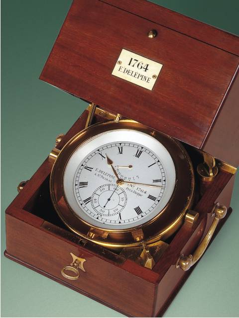 49 hour-going mahogany marine chronometer with power reserve indicator. E. Delepine, France, made in 1896. — Antique Clocks Price Guide