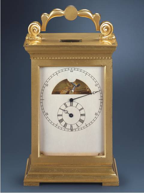 Gilt brass, 1 year-going double-barrel carriage clock with 30-second remontoir, chronometer escapement and regulator dial, accompanied by a chased ivory paneled key with Chinese motifs. Aulet a Paris, circa 1830. — Antique Clocks Price Guide