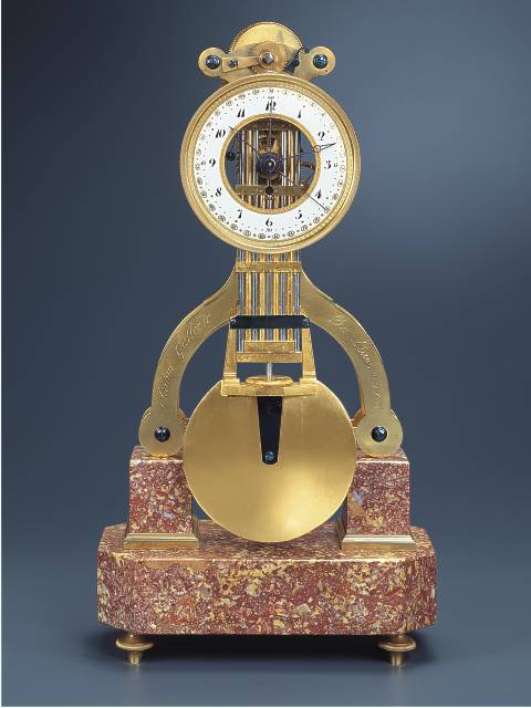 Center-seconds, 8 day-going skeletonized mantle regulator with date and special seconds-beating escapement. Robert Robin, Paris, 1784. — Antique Clocks Price Guide