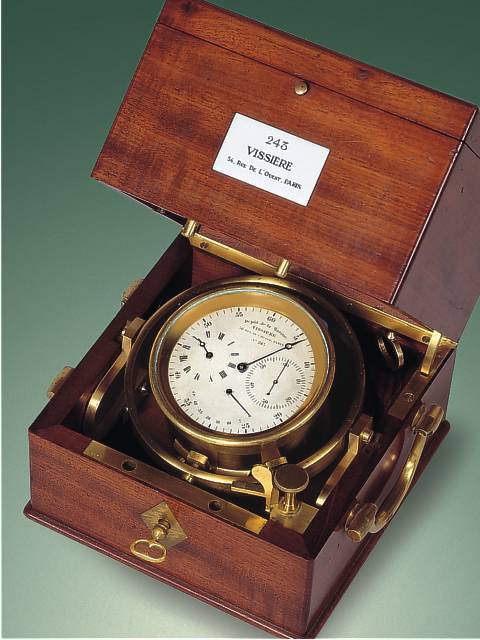 Fine small mahogany, 49 hour-going, marine chronometer with regulator dial and power reserve indicator. Vissire, Paris, sold circa 1860. — Antique Clocks Price Guide