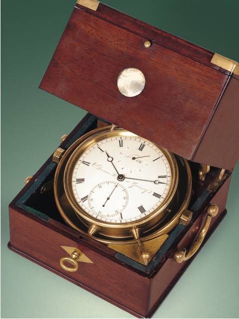Very fine and rare magogany 8 day-going marine chronometer with power reserve indicator. O. Dumas, circa 1851. — Antique Clocks Price Guide