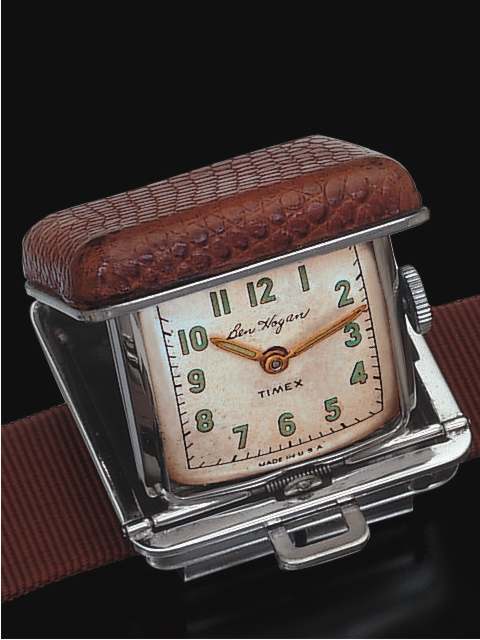 Timex, "Ben Hogan". Produced in the 1970's. Stainless steel and sharkskin clip wristwatch with concealed dial, removable from the wrist or the belt to become a little bedside table clock. — Antique Clocks Price Guide