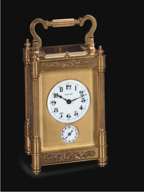 Gilt brass, eight day-going, Grande et petite Sonnerie, quarter-repeating carriage clock with alarm. Lacloche Freres, Paris, circa 1900. — Antique Clocks Price Guide