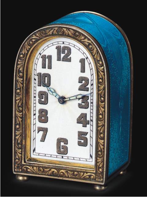 Fine sterling silver and enamel eight day-going, small domed desk clock with original leatherfitted box. Wegelin Fils, Lyon et Geneve, circa 1925. — Antique Clocks Price Guide