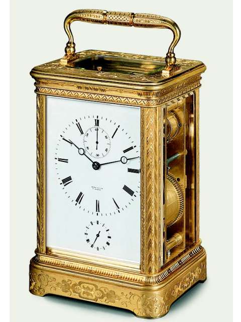 Gilt brass eight-day going, petite sonnerie, quarter repeating, carriage clock with alarm and chronometer escapement, in fitted box. Patek et Cie. a Geneve, circa 1850. — Antique Clocks Price Guide