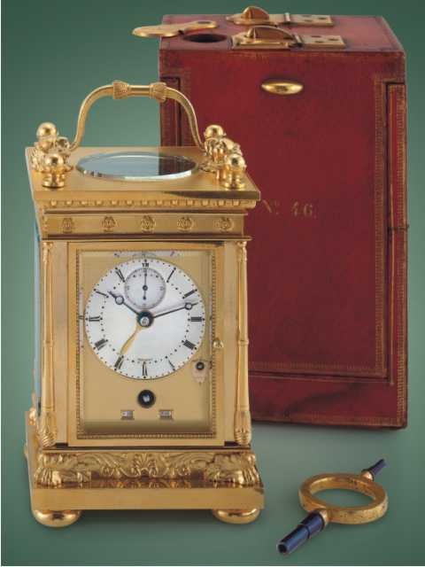 Very fine and extremely rare, gilt bronze, eight-day going carriage clock with half-quarter repeater, alarm, subsidiary seconds, calendar with days of the month and months, in original Morocco fitted box, accompanied by the original key and certificate. Breguet, c. 1837. — Antique Clocks Price Guide