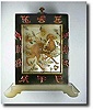 French silver gilt, lacquer, agate, and mother-of-pearl Chinese style Art Deco miniature 8-day quarter repeating antique clock, c. 1930