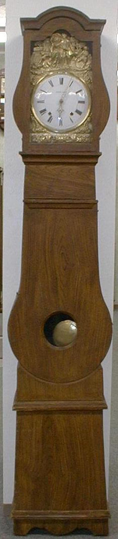 MORBIER FLOOR CLOCK IN A VIOLIN SHAPED CASE OF SPRUCE WOOD PAINTED IN A ORIGINAL FAUX GRAINED WOOD FINISH. CIRCA 1830-1850. — Antique Clocks Price Guide