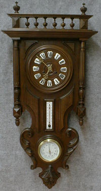 FRENCH WEATHER STATION. WALNUT CASE WITH WIDOW'S WALK TOP, SINGLE SIDE COLUMNS. CIRCA 1895-1910. — Antique Clocks Price Guide