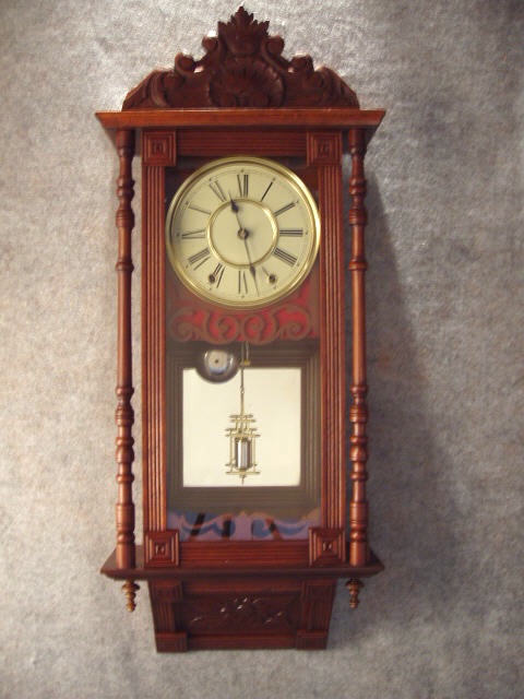 This Is An Anglo/American Wall Clock In A Mahogany Case With Full Turned Spool Columns And Floral Carving On The Bottom Of The Case And A New Carved Crown Piece. Circa 1880'S. — Antique Clocks Price Guide