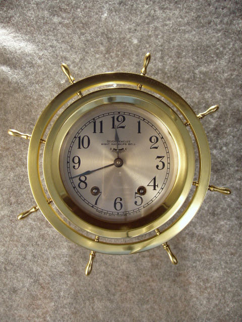 Brass Ship's Clock With A Ship's Spoked Wheel Screw On Bezel, "The Mayflower" By Seth Thomas. — Antique Clocks Price Guide