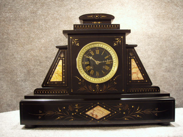 French Mantel Clock In A Black Slate Case With Marble Inlays And Accents. Circa 1880'S. — Antique Clocks Price Guide