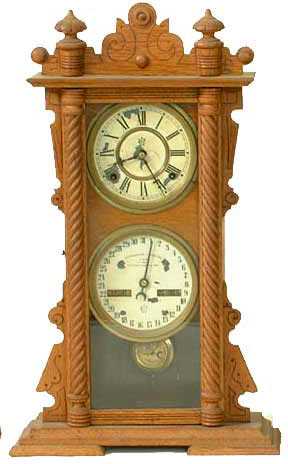 Waterbury Oak Double Dial Calendar Shelf Clock, Number 4 — Antique Clocks Price Guide