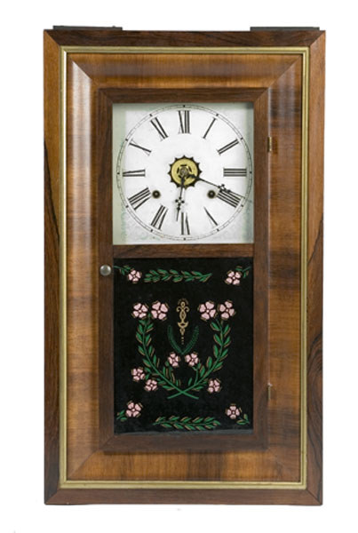 Waterbury Mahogany Ogee Clock with Reverse-Painted Glass, — Antique Clocks Price Guide