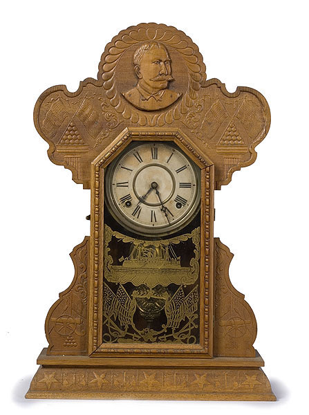 Ingraham Pressed Oak Shelf Clock, Admiral Dewey, — Antique Clocks Price Guide