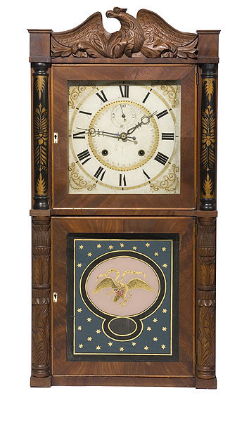 E. Terry &amp; Sons Carved &amp; Stenciled Wooden Works Half Column Clock, — Antique Clocks Price Guide