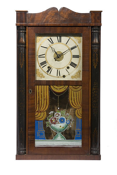 Henry Terry &amp; Co. Wooden Works Stenciled Half Column Clock with Alarm, — Antique Clocks Price Guide