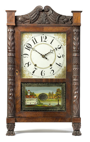 Lusius B. Bradley Carved Mahogany Wooden Works Shelf Clock, — Antique Clocks Price Guide
